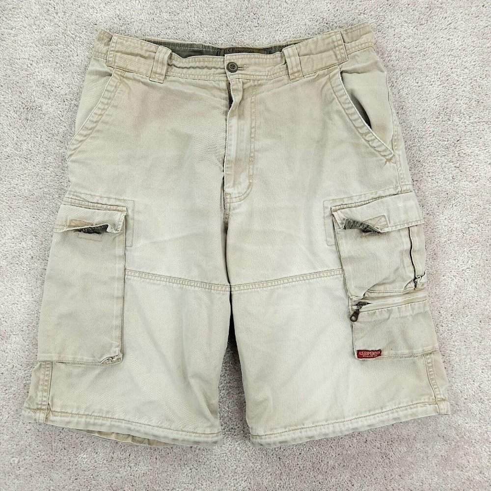 US Expedition Cargo Shorts Mens 34 Tan Khaki Twill Flat Front Cotton Work